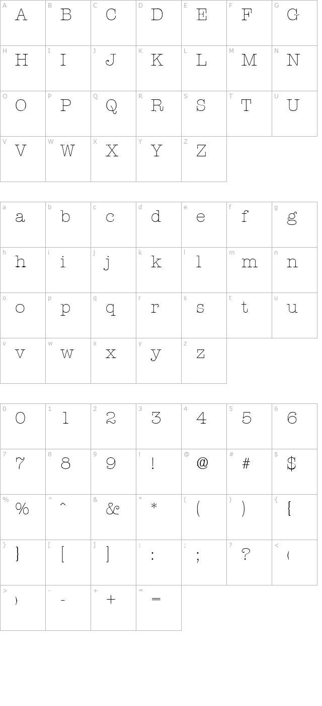 Typewriter-Xlight character map