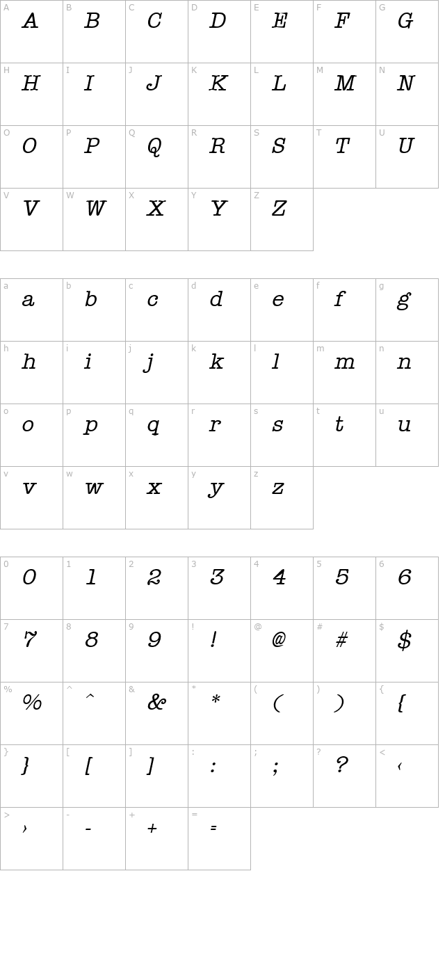 typist-italic character map