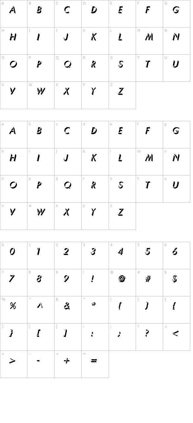 Umber Italic character map
