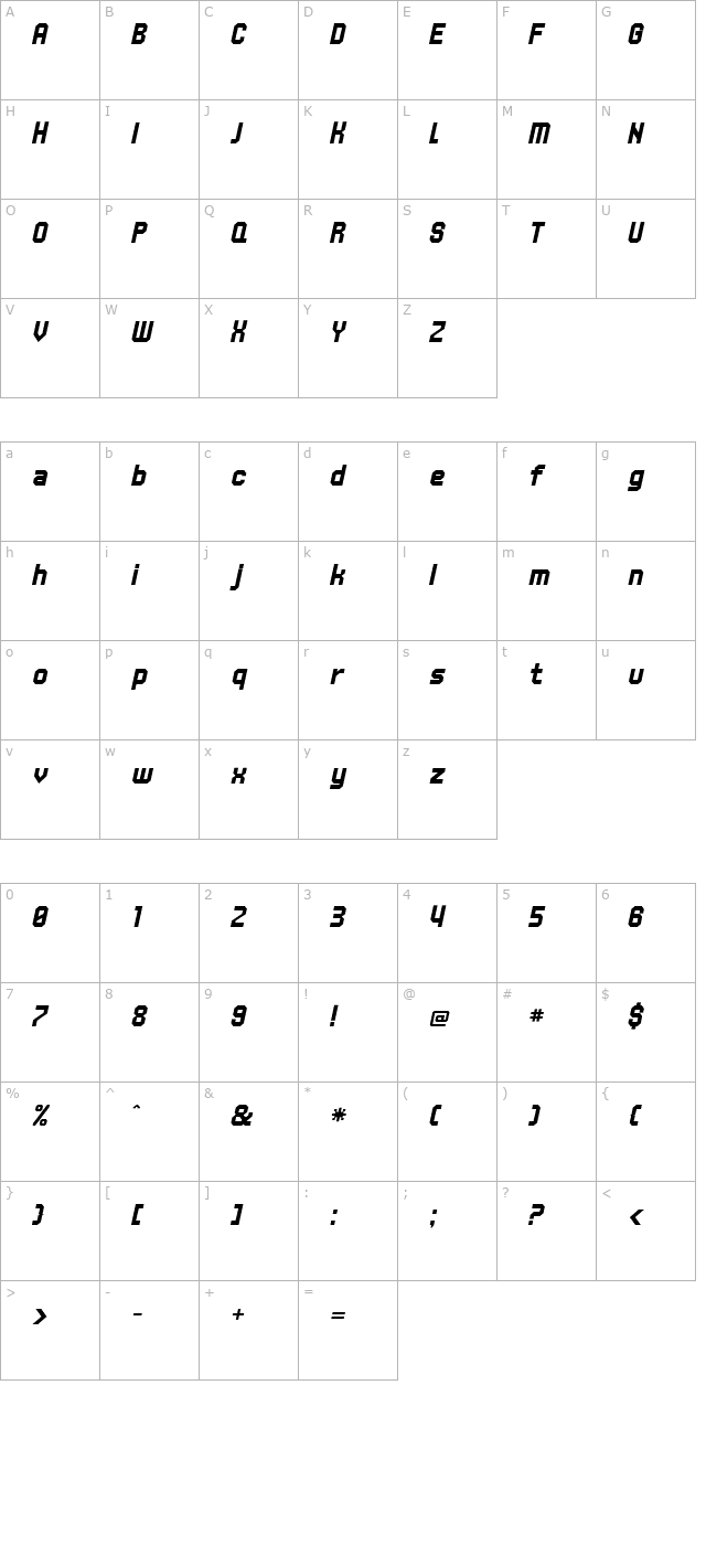 UNDA-AngleItalic character map