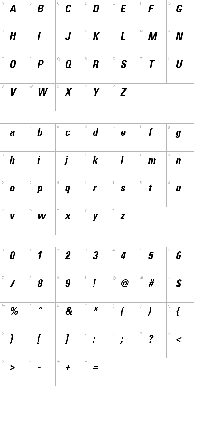 Uniform Condensed Bold Italic character map