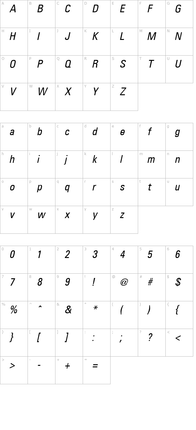 uniform-condensed-italic character map