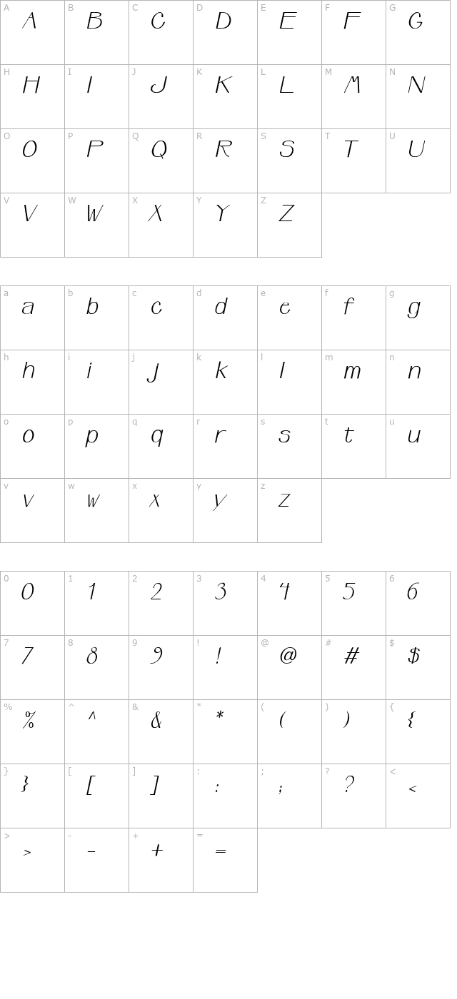 Upperclass-Italic character map