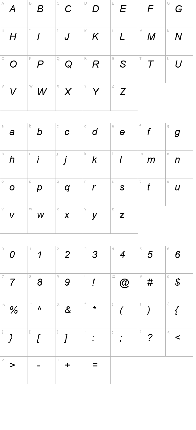 US Plain Italic Italic character map