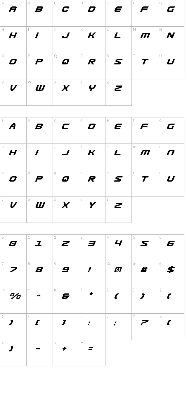 Usuzi Italic character map
