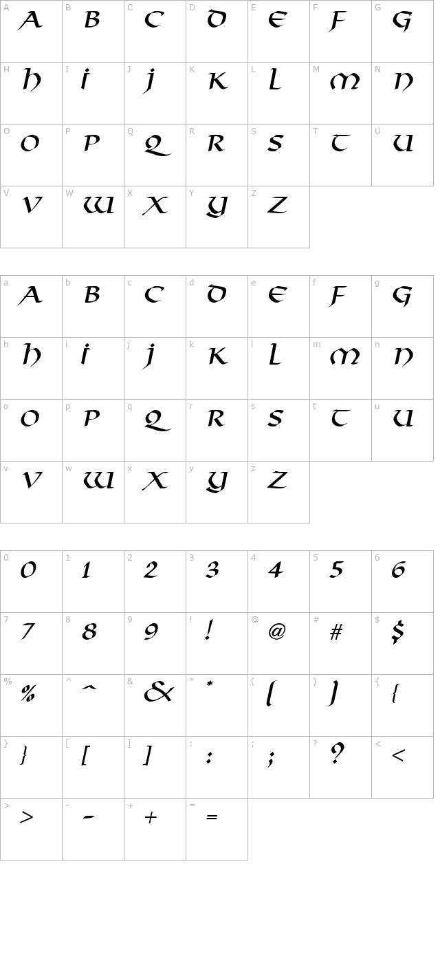 Valhalla Italic character map