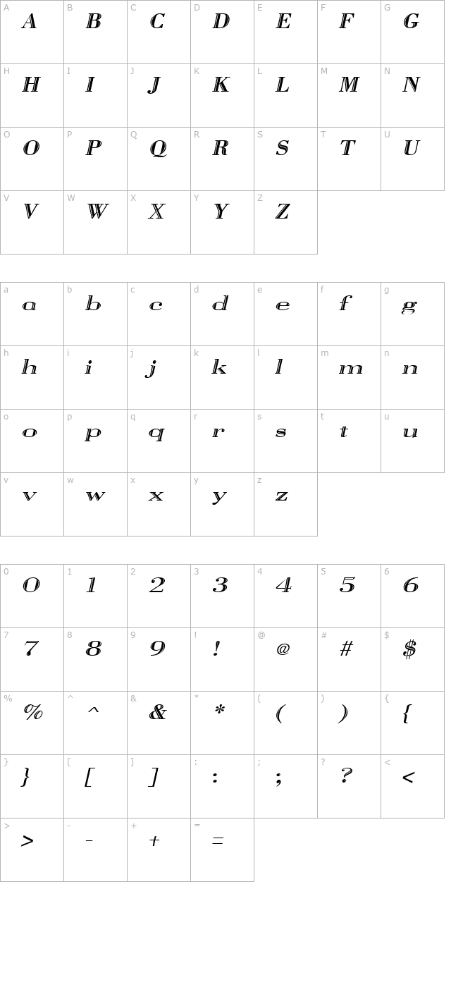 Vangard Italic character map