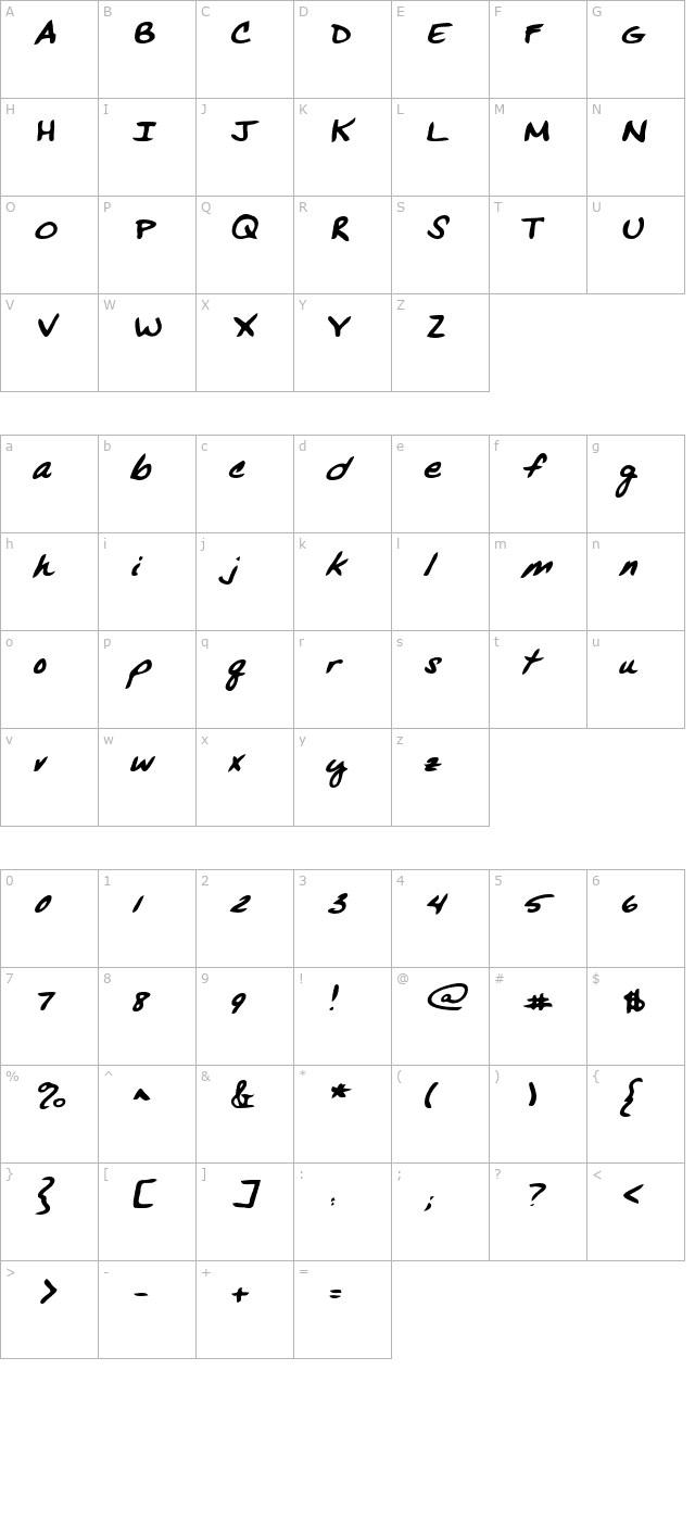 VansHand Bold Italic character map
