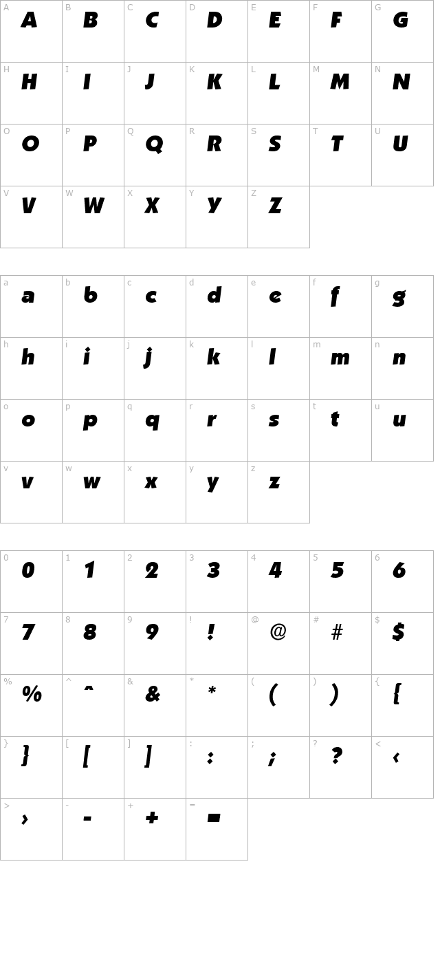 VictorBecker-Heavy Italic character map