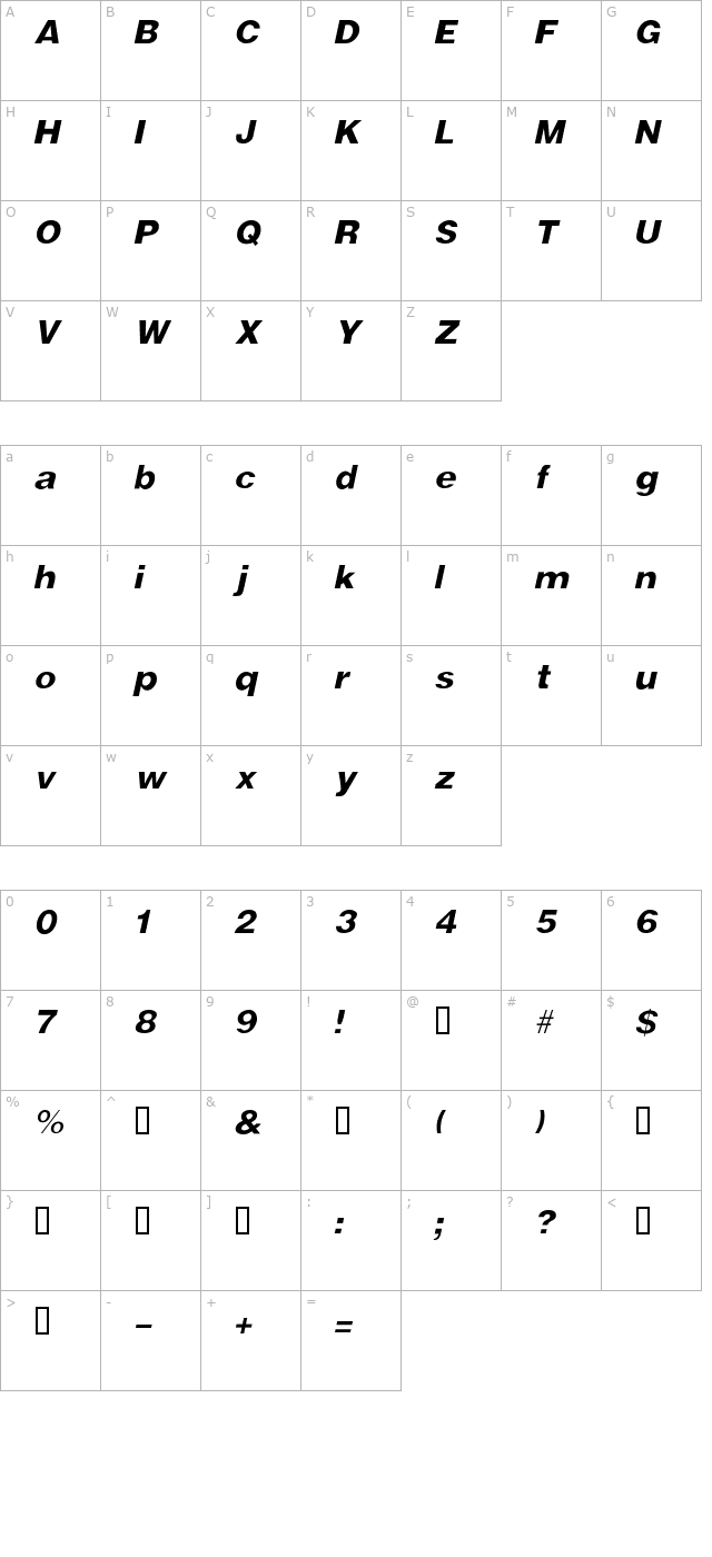 VivasSSK Italic character map