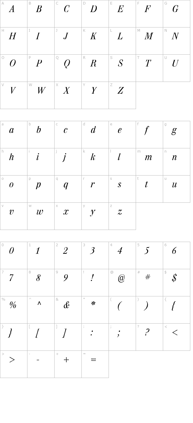 WalburnTextLight Italic character map