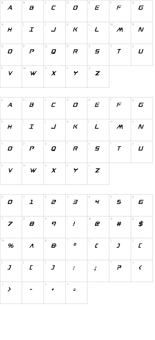 war-eagle-condensed-italic character map