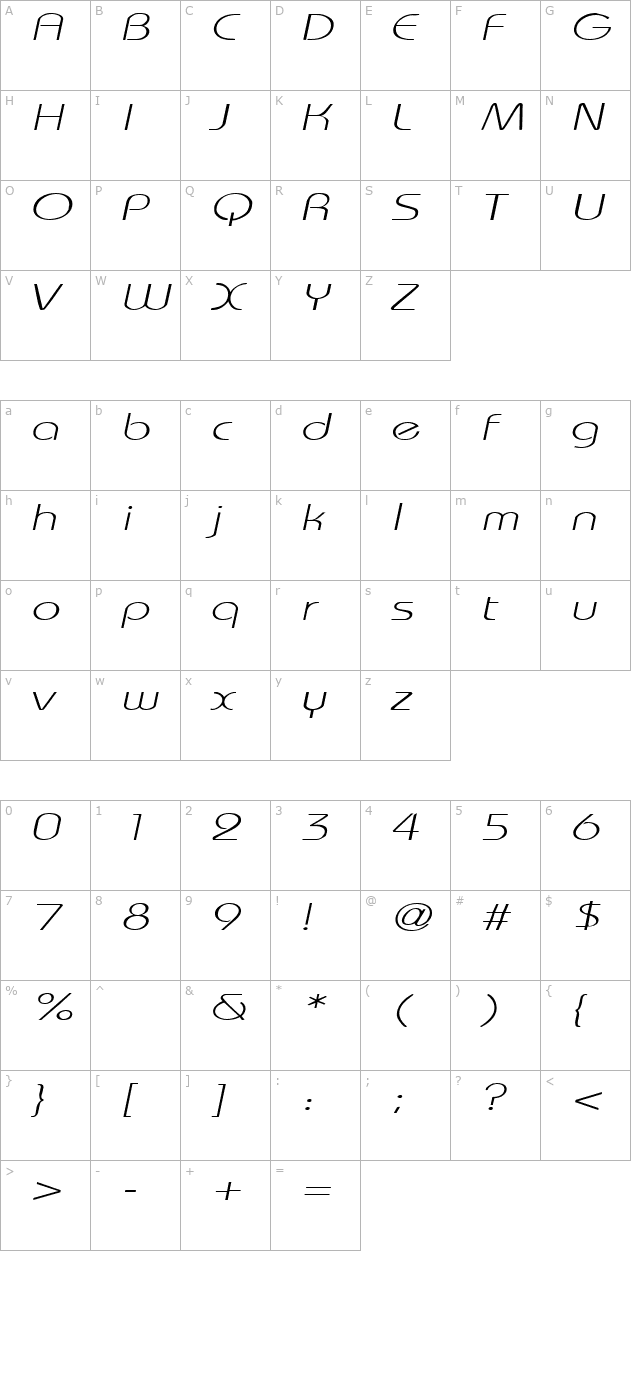 WashingtonMetroExtended Italic character map