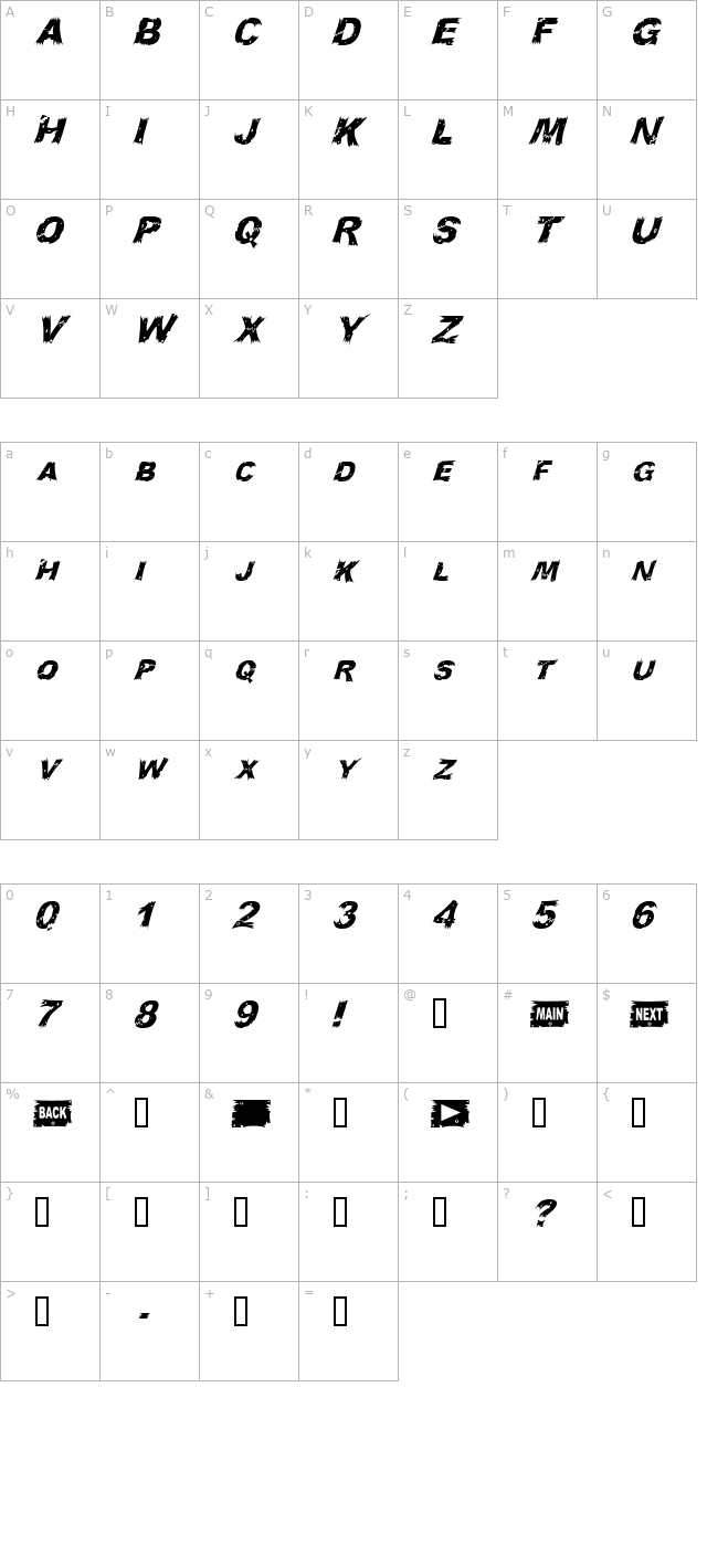 WoodCut Italic character map