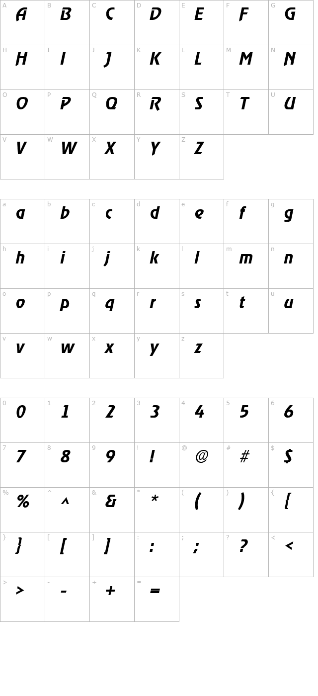 Xanadau Oblique character map
