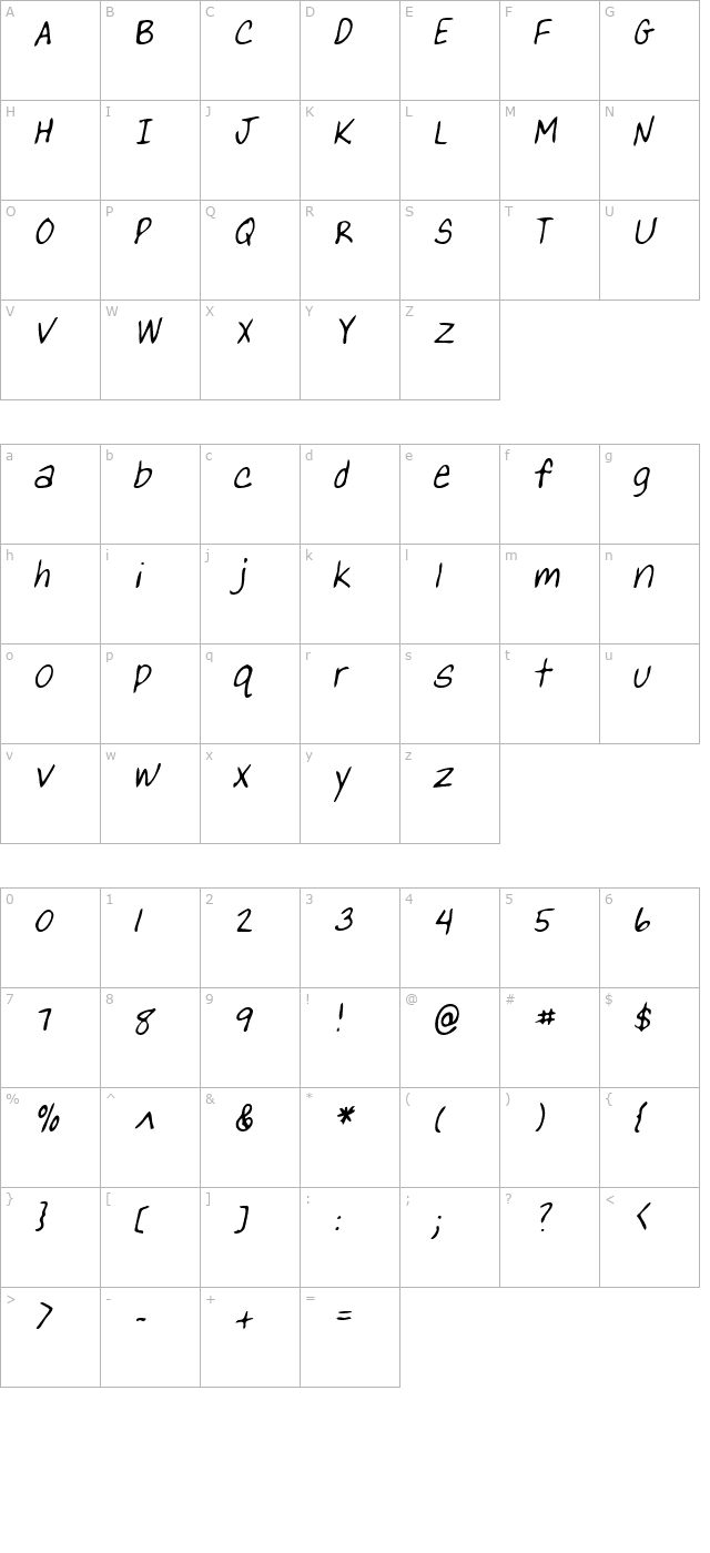 YanksHand Italic character map