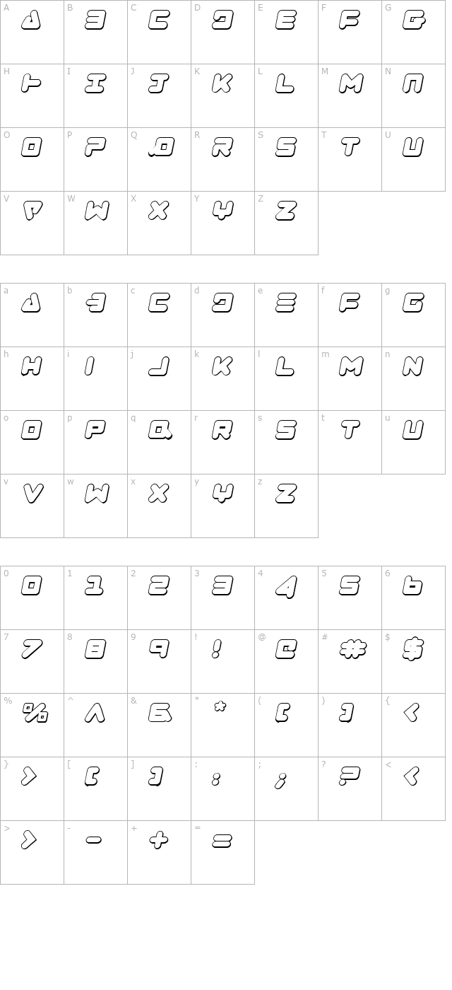 Zealot Outline Italic character map