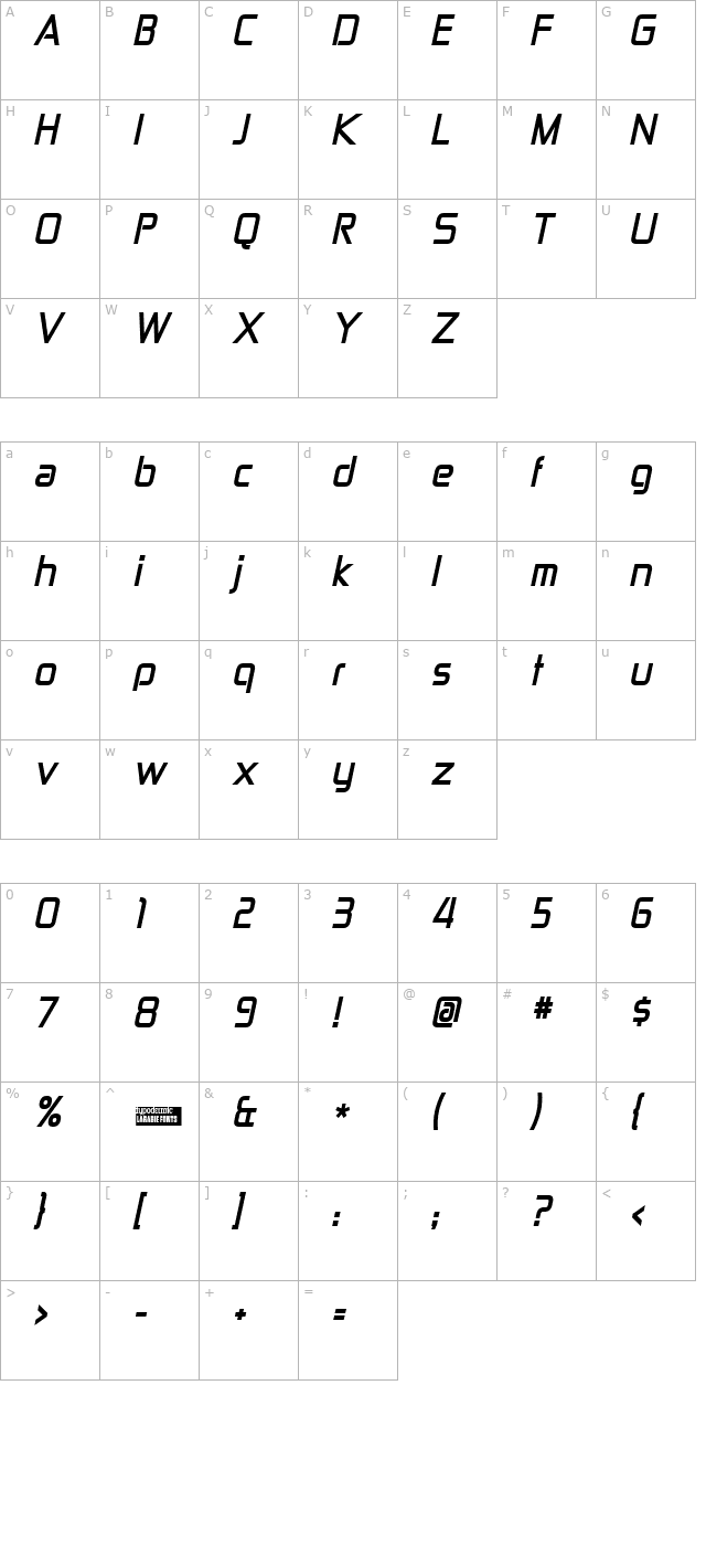 Zekton Bold Italic character map