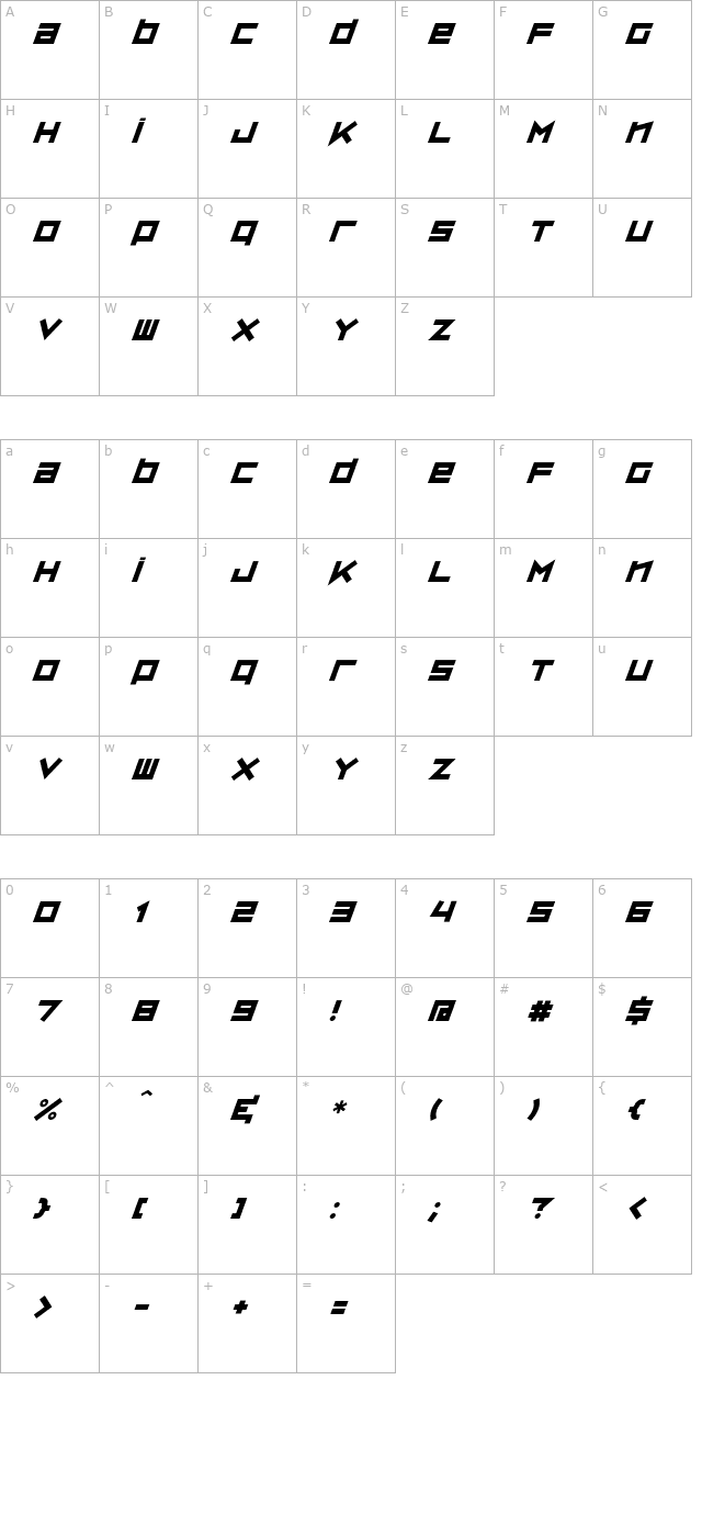 ZipSonik-Italic character map