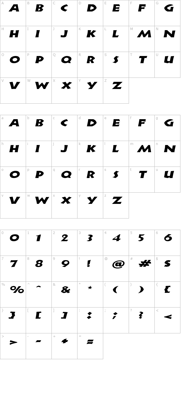 ZorbaExtended Italic character map