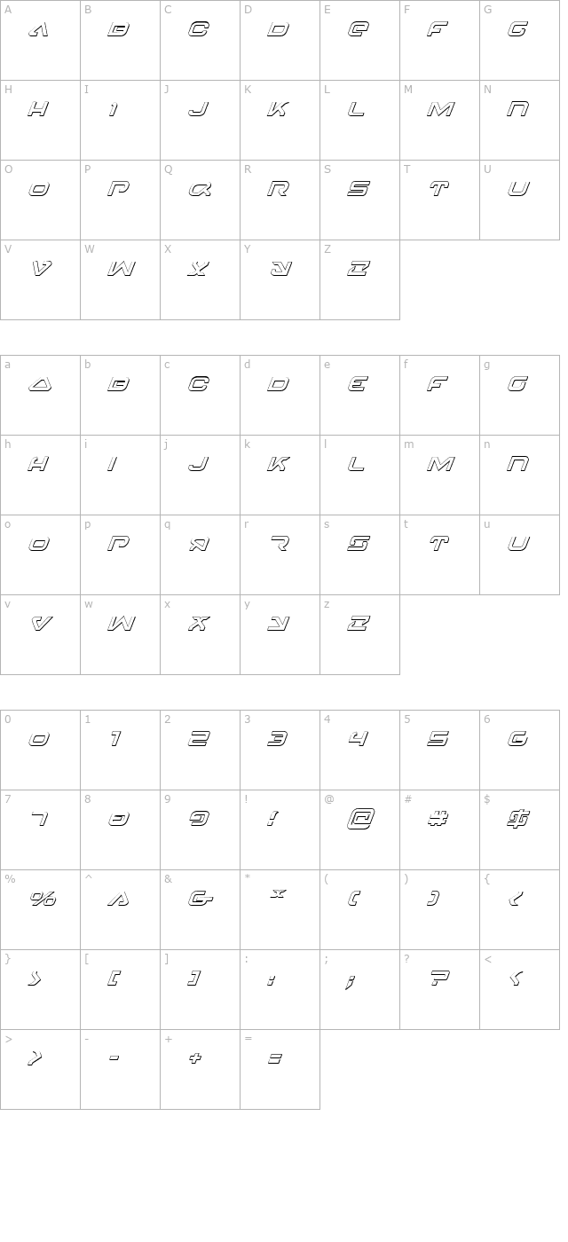 4114 Blaster 3D Italic character map