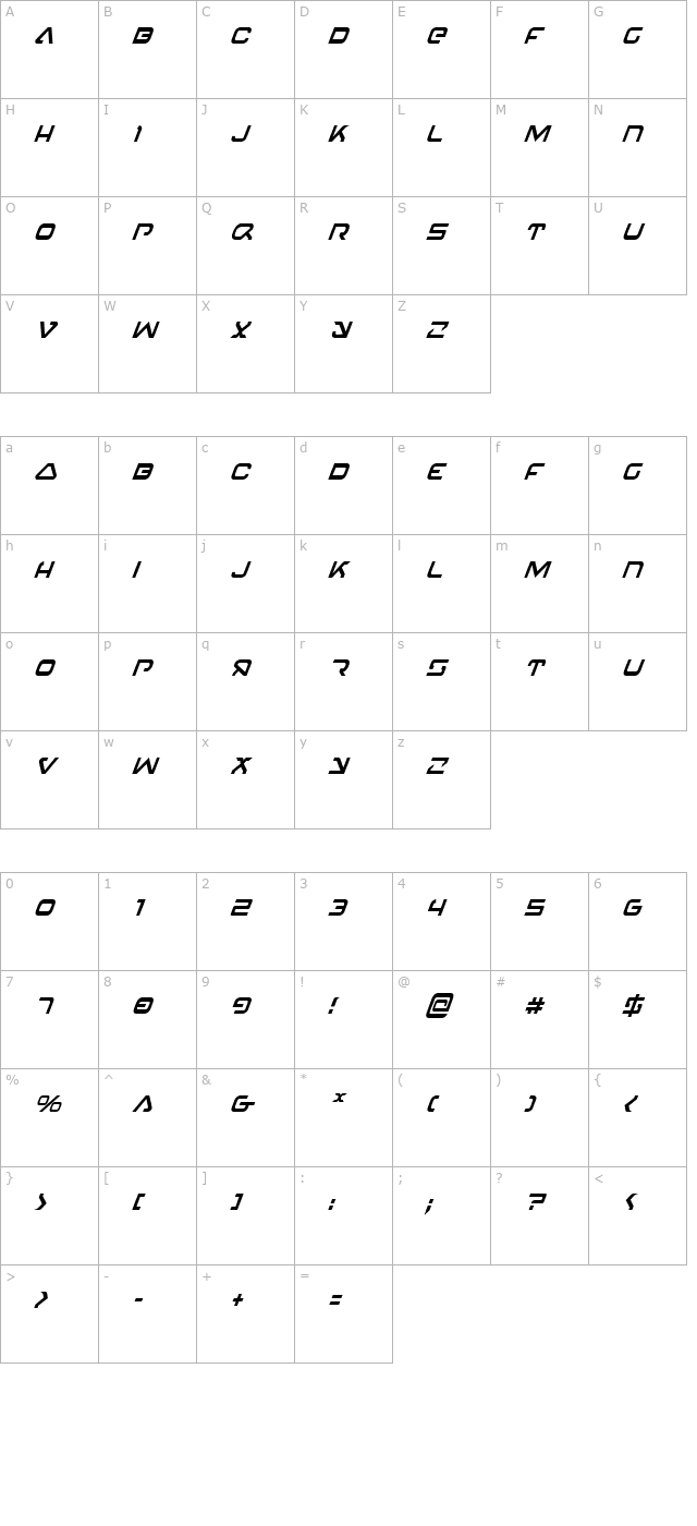 4114-blaster-condensed-italic character map