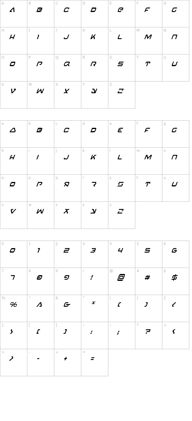 4114 Blaster Condensed Italic character map