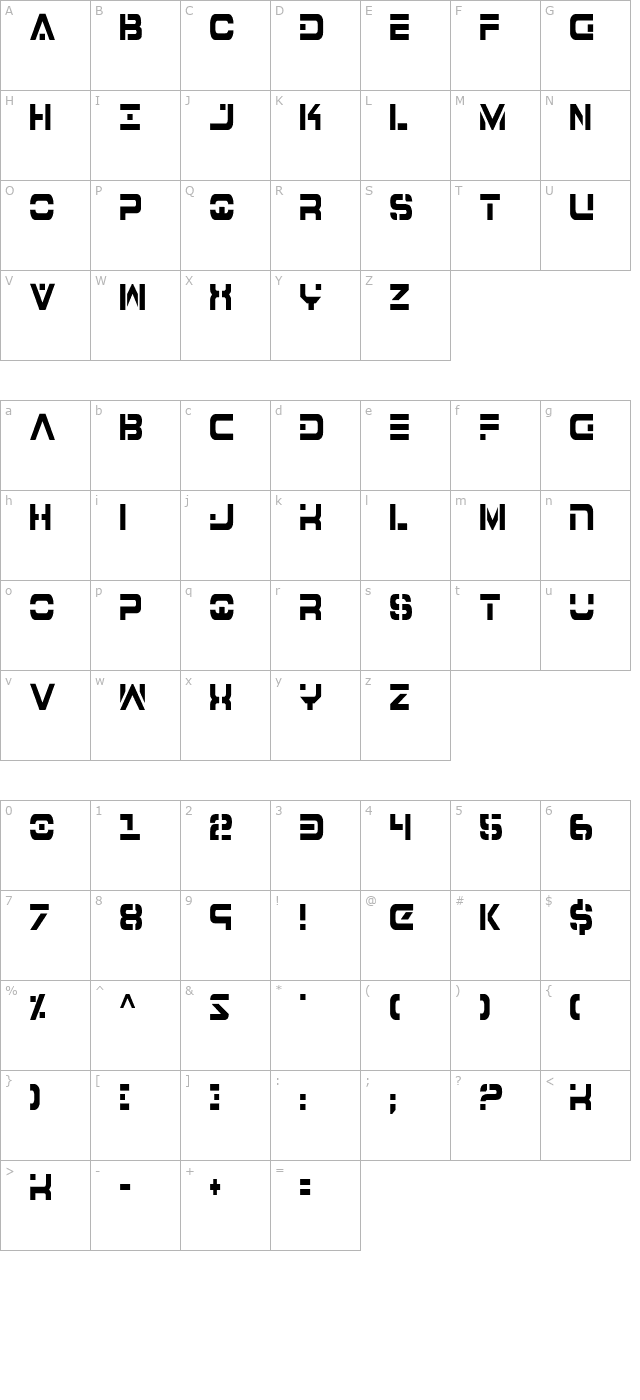 7th Service Condensed character map