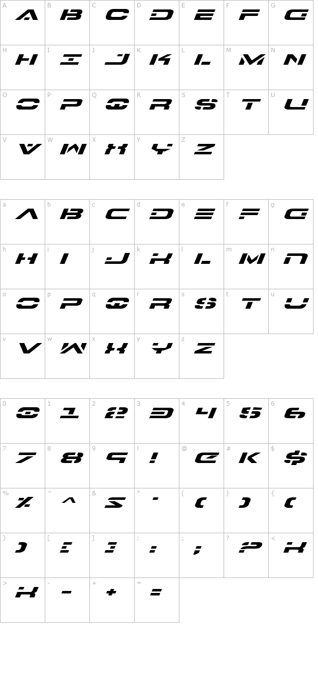 7th Service Expanded Italic character map