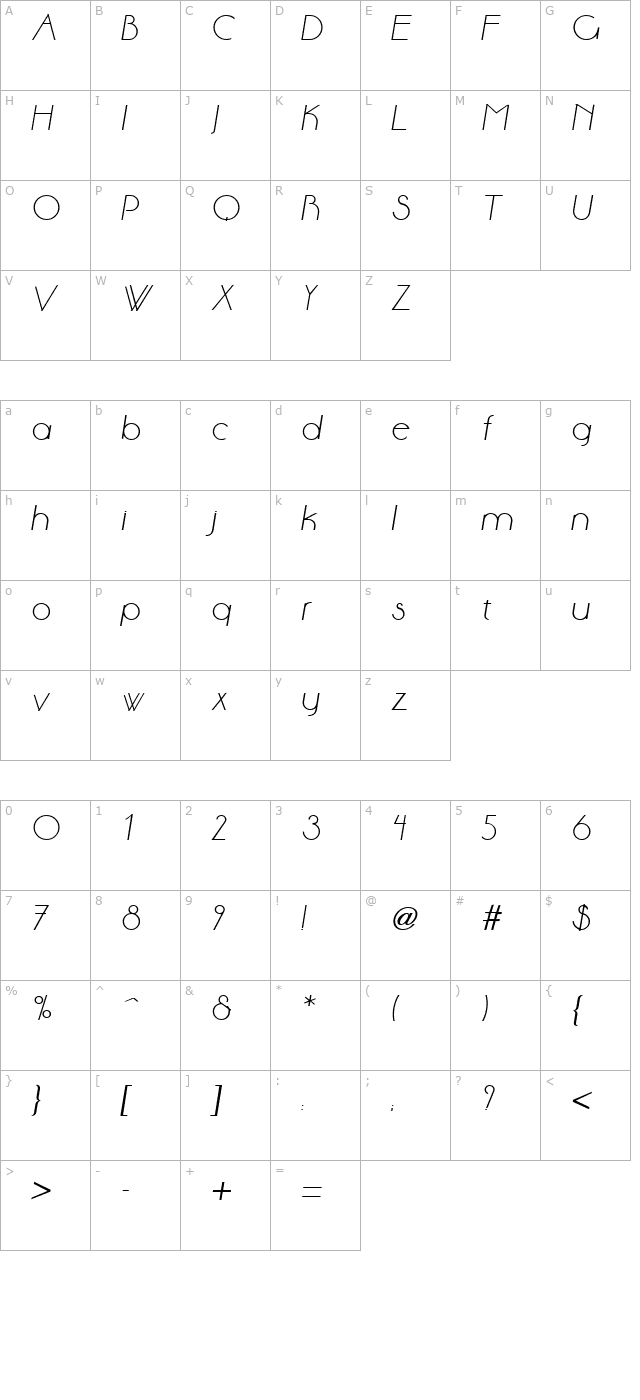 aase-light-bold-italic character map