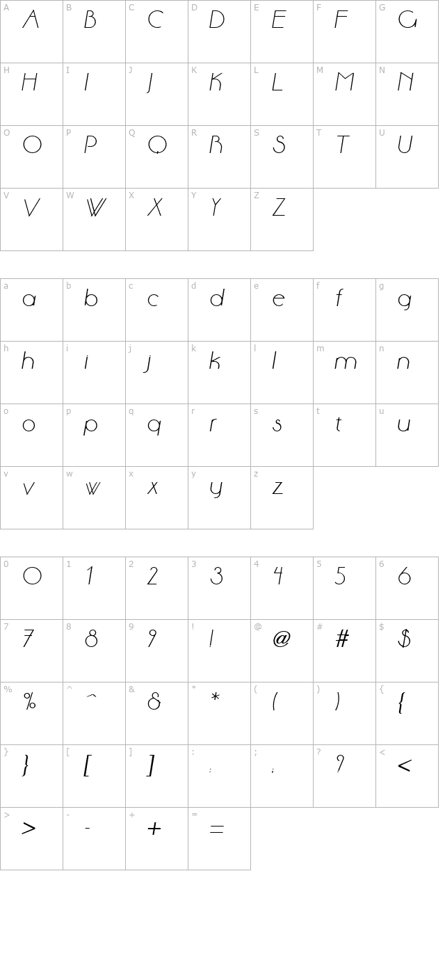 Aase Light Bold Italic character map