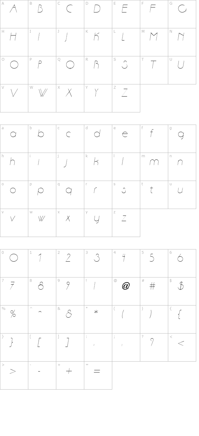 aase-light-italic character map