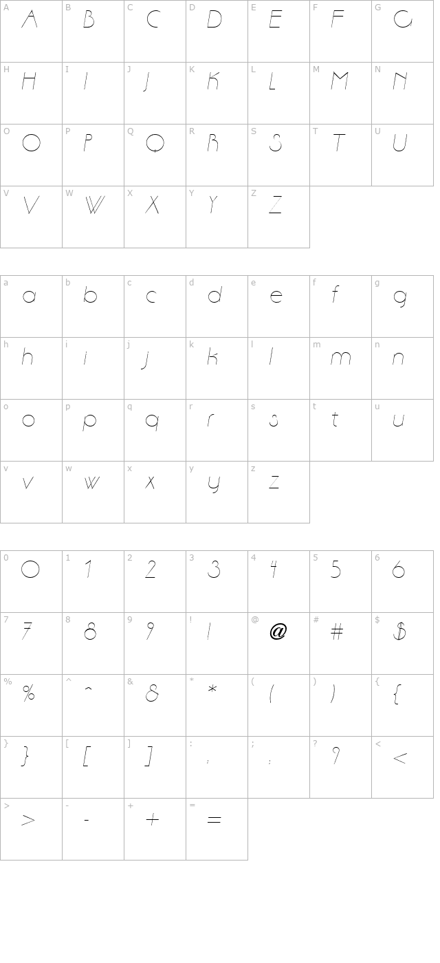 Aase Light Italic character map