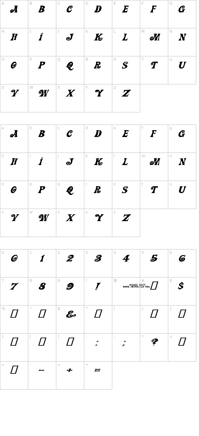 Action Is, Wide & Diagonal JL Expanded Italic character map