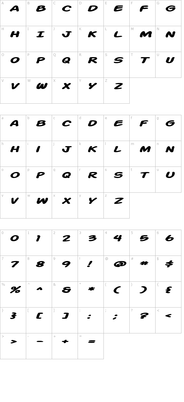 Action Man Extended Bold Italic character map