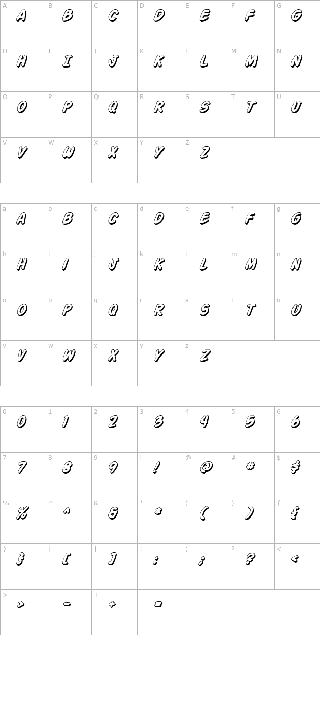 Action Man Shaded Italic character map