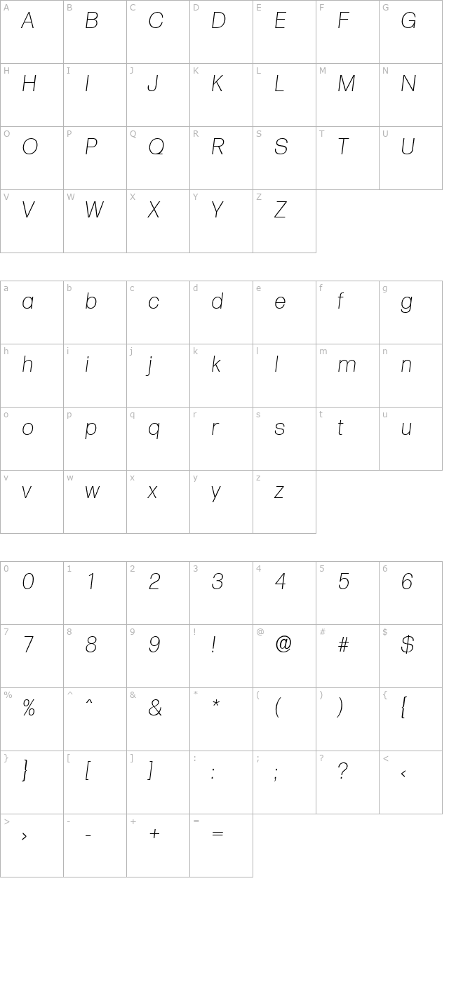 AdamBecker-ExtraLight Italic character map