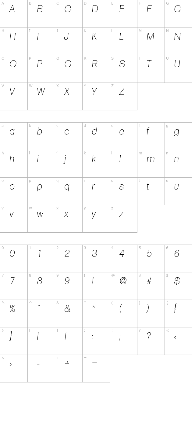 adambecker-extralight-italic character map