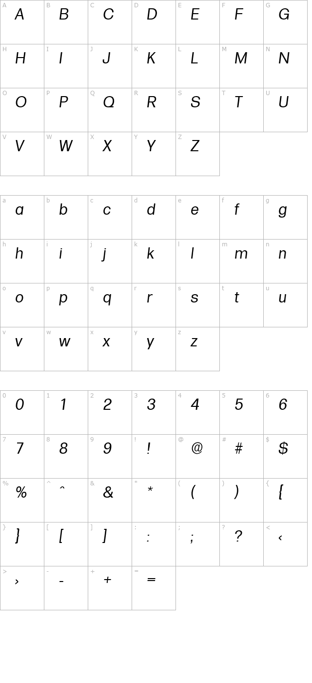 AdamBecker Italic character map