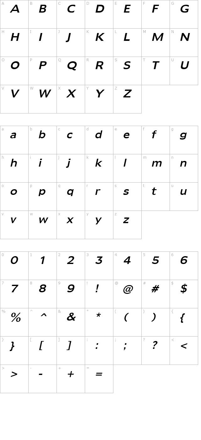 Adams Italic character map