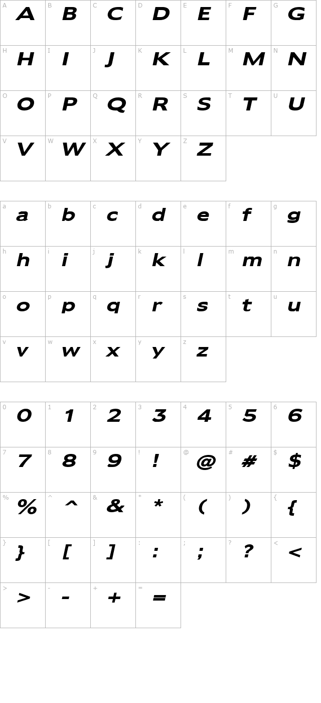 Adams Wide Bold Italic character map