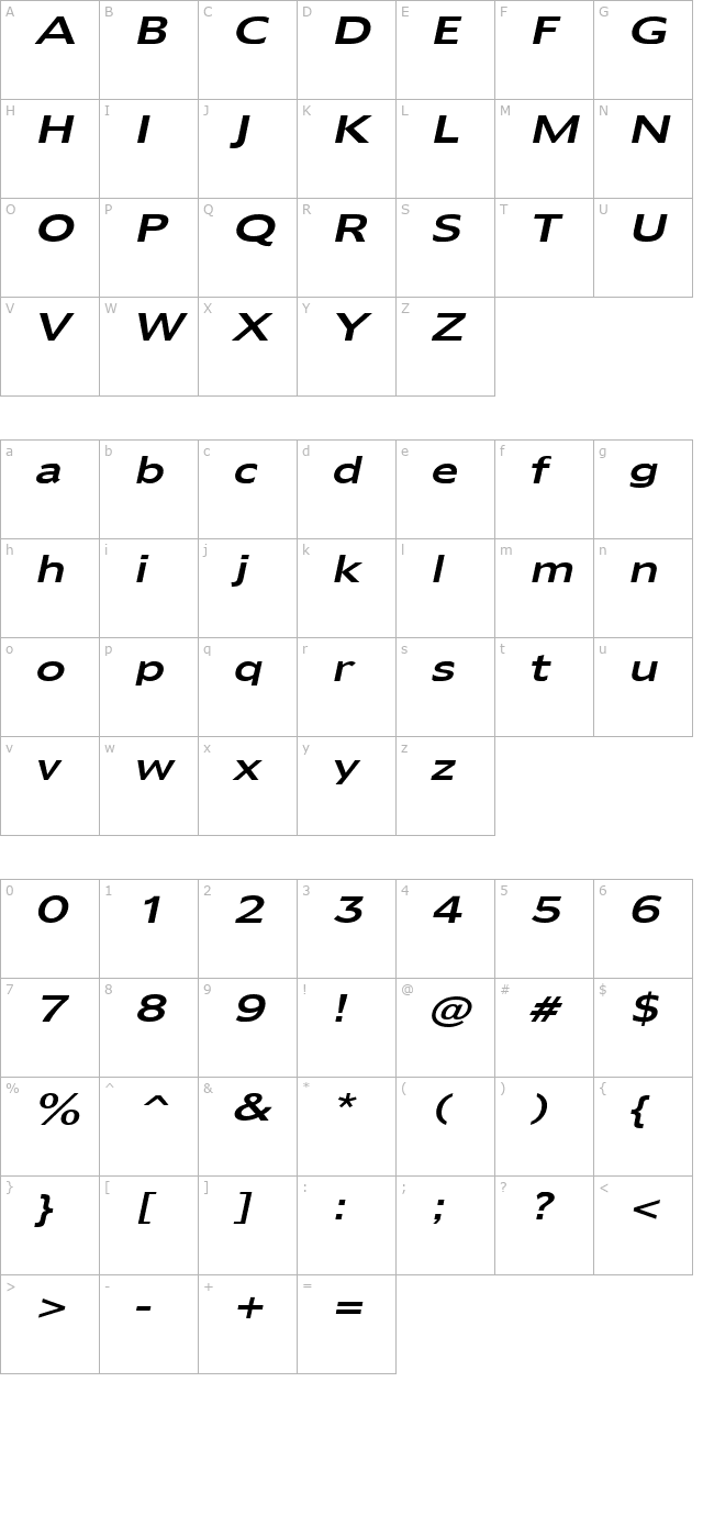 adams-wide-italic character map