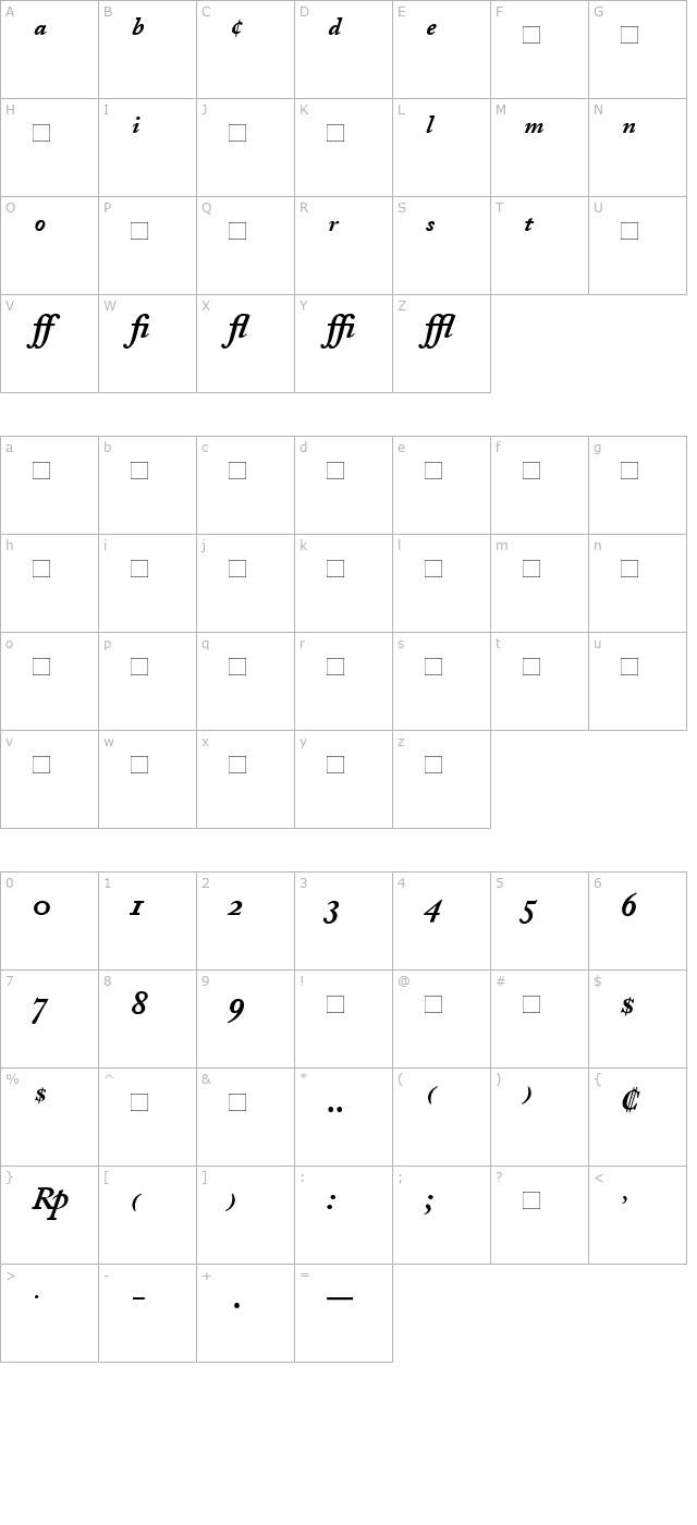 AdobeCaslonExpert-Bold Italic character map