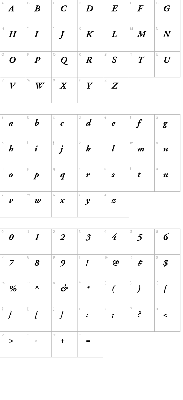 AdobeGaramond-Bold Italic character map