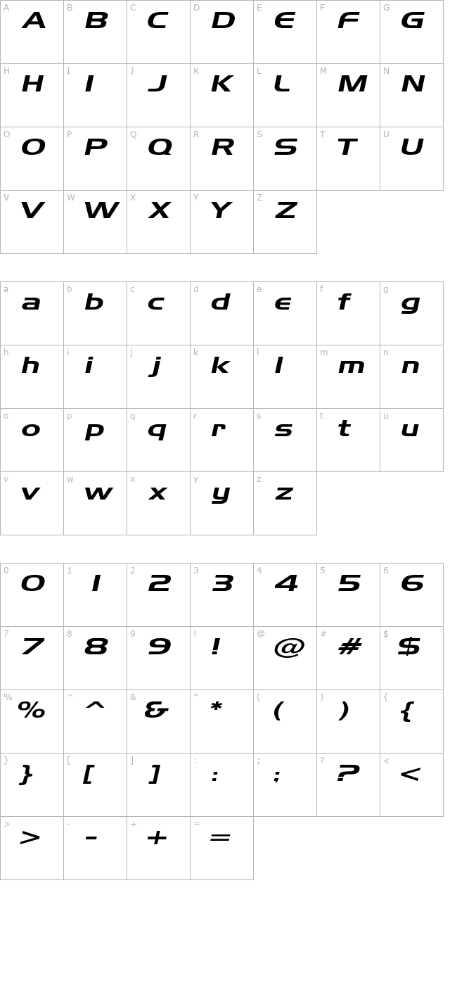 aeroextended-italic character map