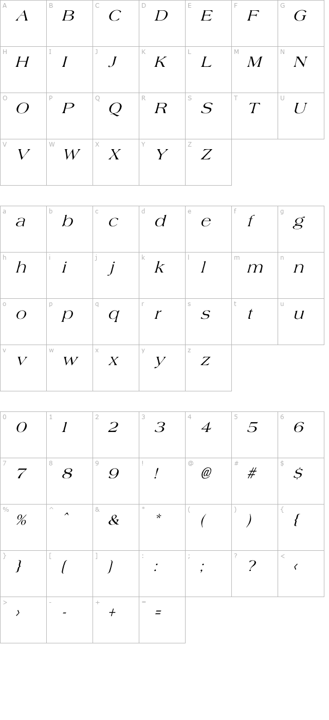 Agate Italic character map