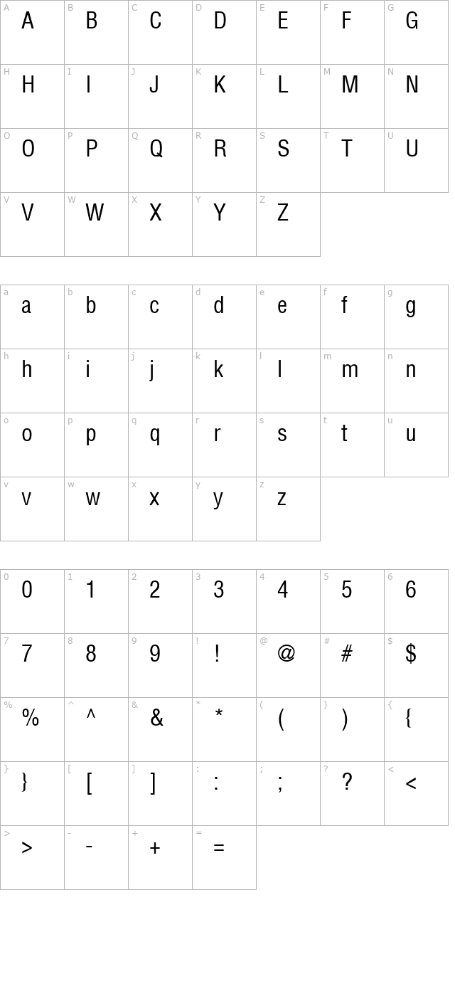 AGLettericaCondensed Roman character map