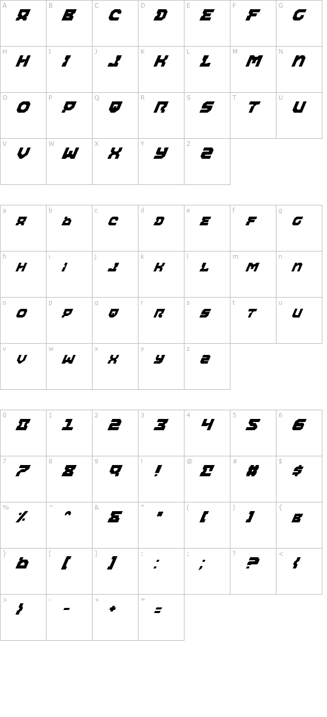 Airacobra Italic character map