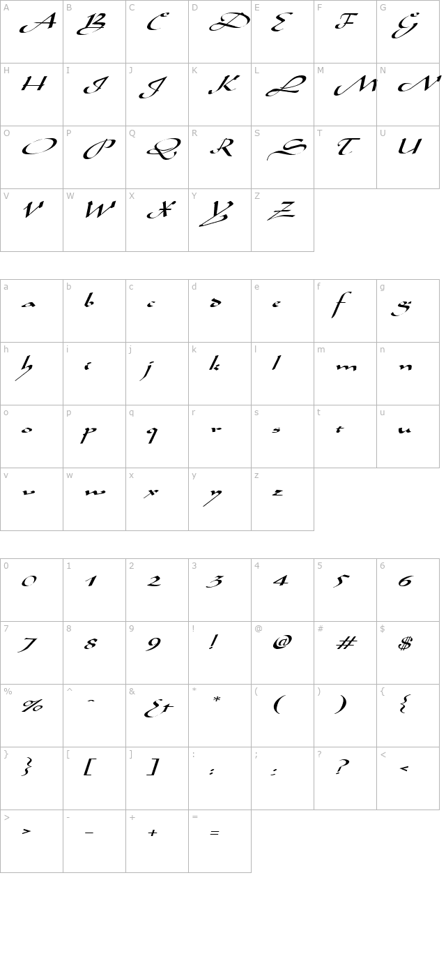 AladdinExpanded Italic character map
