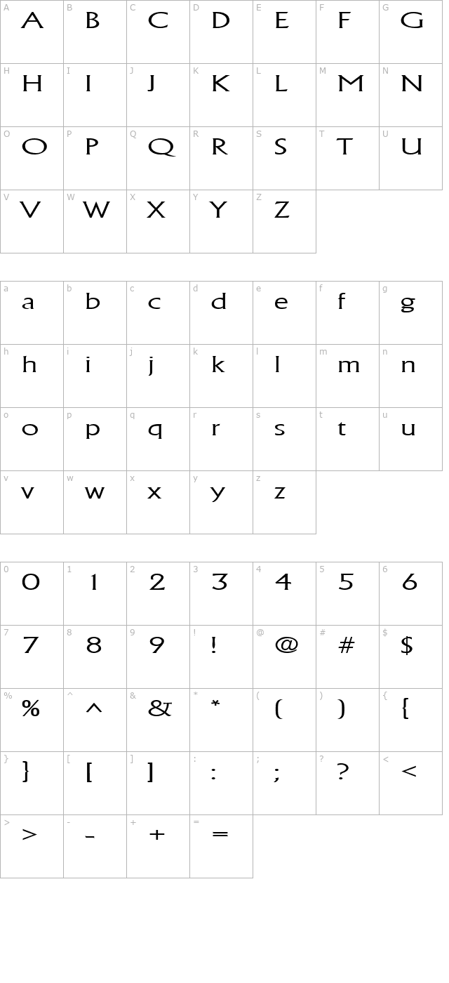 albertawideextralight-regular character map